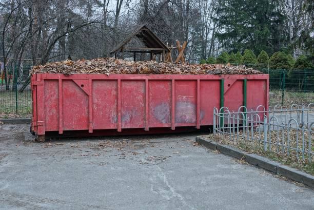 one big red iron dumpster full of dry leaves stands on the pavement in a park